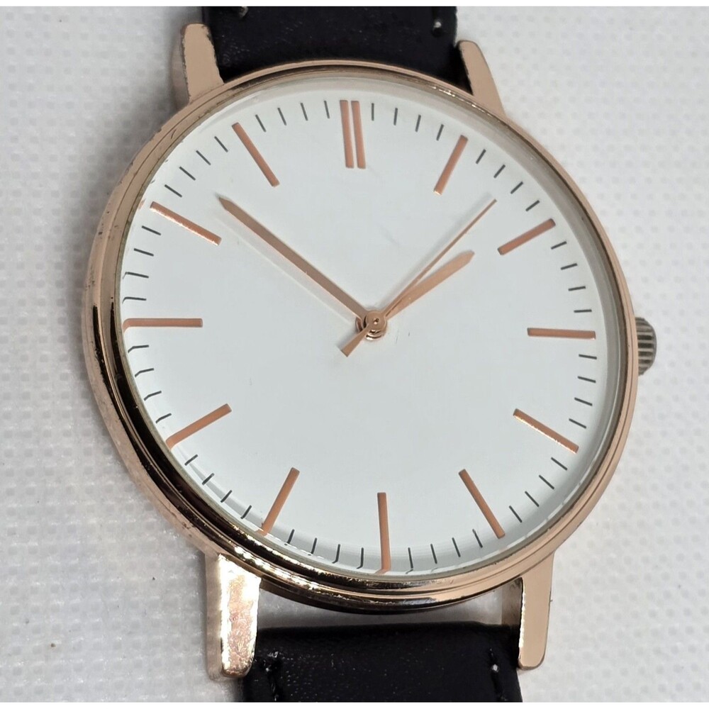 Men's Minimalistic Round White Dial Rose Gold Tone Black Leather Strap Watch 08 - Picture 6 of 8
